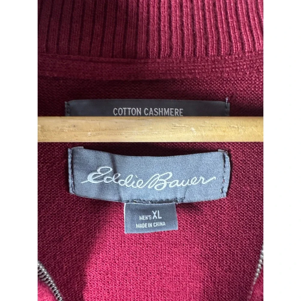 Eddie Bauer Sweater Mens XL Red Cotton Cashmere 1/4 Zip Pullover‎ Knit Mock Neck